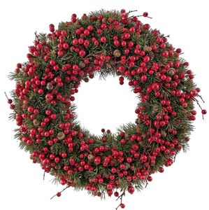 Hovedbilde Krans med kongler, gran og r&oslash;de b&aelig;r – 56 cm
